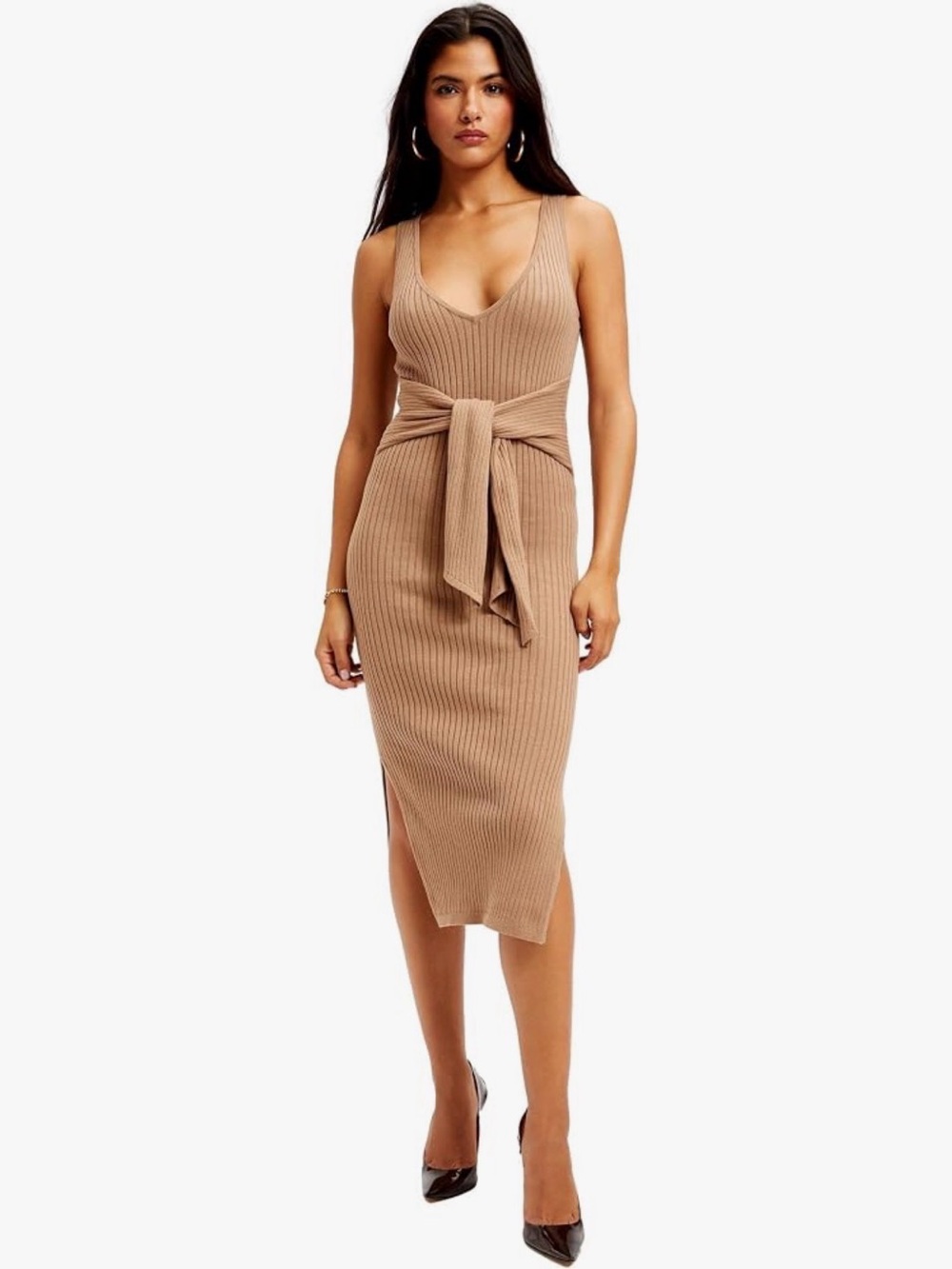 Good American Ribbed Tie-Waist Midi Dress in Tan